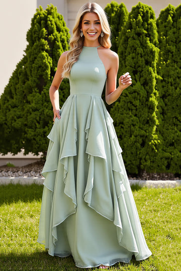 Ruffled A Line Halter Sage Green Bridesmaid Dress